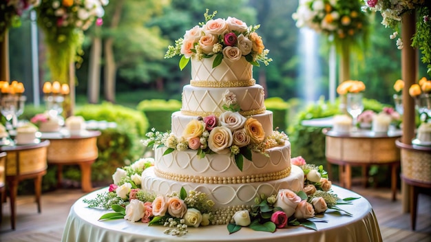 a wedding cake with flowers on it and a fountain behind it