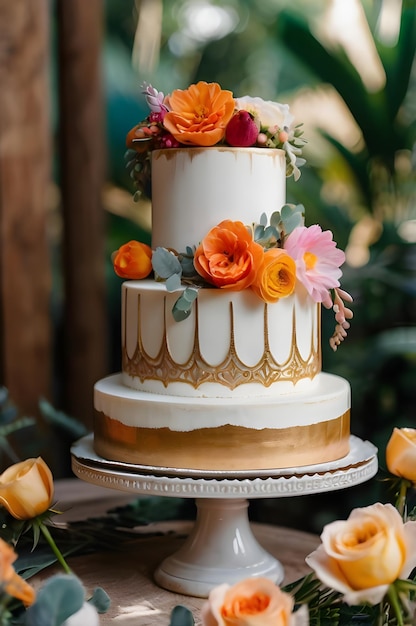 a wedding cake with flowers on the top and a gold cake with flowers on the top