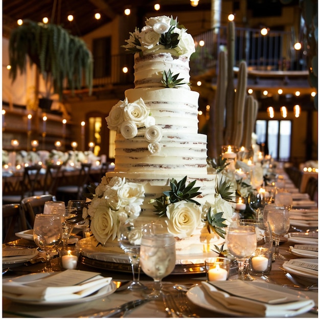 Photo a wedding cake with flowers on the top and a table with a candle in the middle