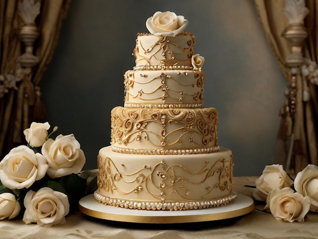 a wedding cake with a gold design on the top