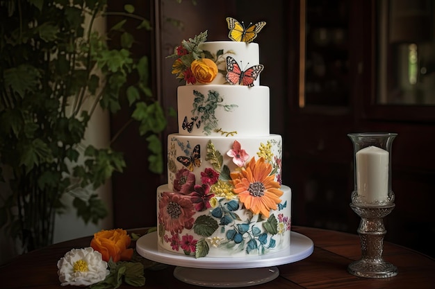 Wedding cake with handpainted flowers and butterflies created with generative ai