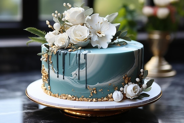 Wedding cake with icing on a marble table