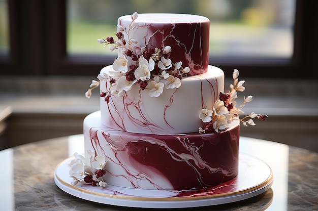 Wedding cake with icing on a marble table