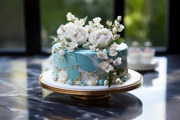 Wedding cake with icing on a marble table