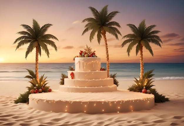 a wedding cake with palm trees on the beach