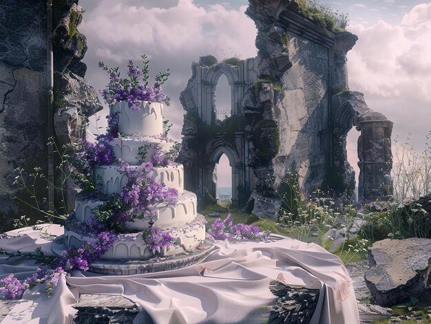 Photo a wedding cake with purple flowers on it sits on a table