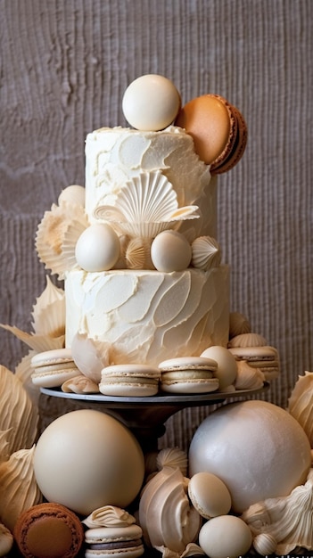 A wedding cake with seashells and macaroons