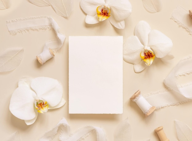 Wedding card near white orchid flowers and silk ribbons on light yellow mockup