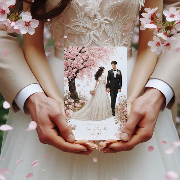 a wedding card with the bride and groom in the background