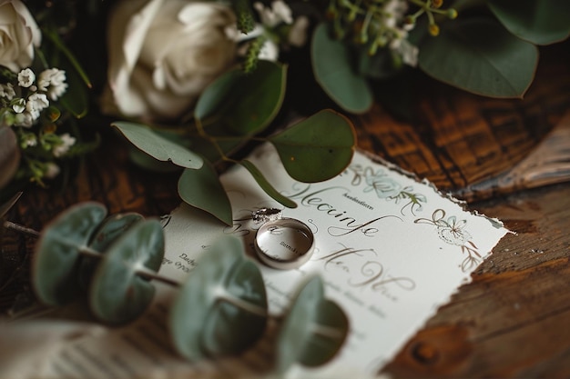 Photo wedding card with rings and floral design