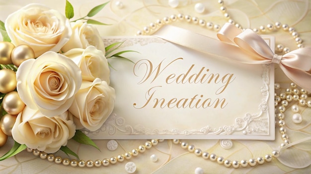 a wedding card with white roses and gold ribbon and a ribbon