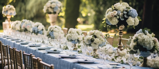 Wedding centerpieces with hydrangeas and greenery are arranged on dinner tables