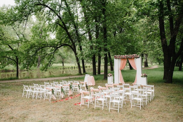 Photo wedding ceremony area, arch chairs decor