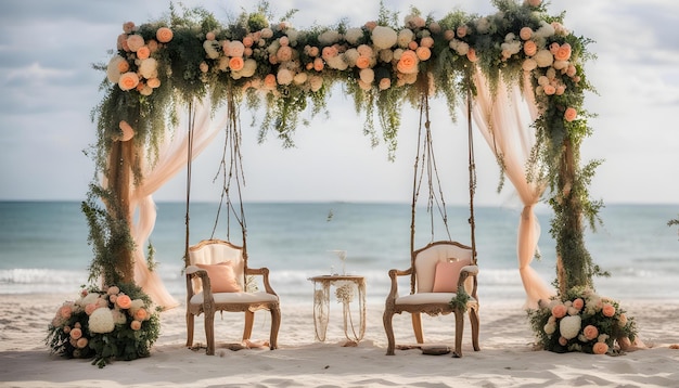 a wedding ceremony on a beach with a bride and groom