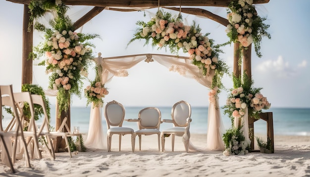 a wedding ceremony on a beach with chairs and a sign that says wedding on it