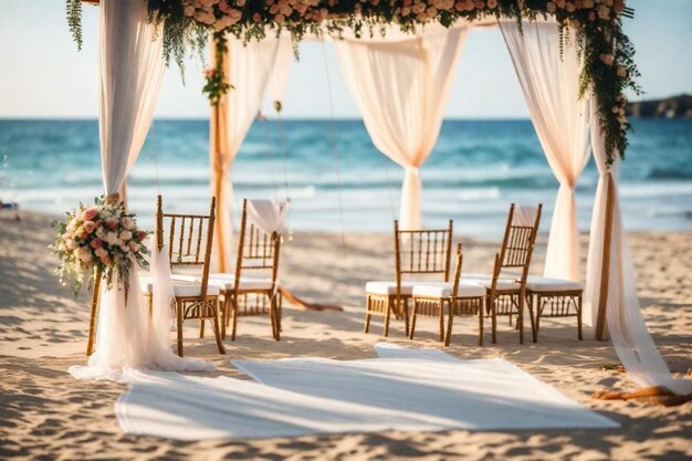 a wedding ceremony on the beach with a curtain that says wedding party on it