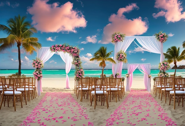 A wedding ceremony on a beach with a sky background