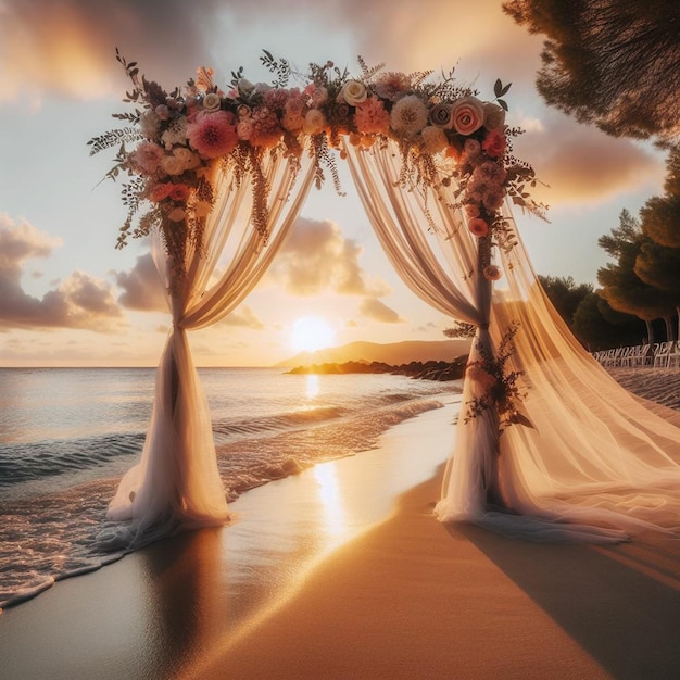 a wedding ceremony on a beach with a tent and the sun setting behind it