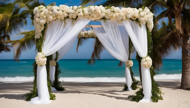 a wedding ceremony on a beach with white drapes and white drapes