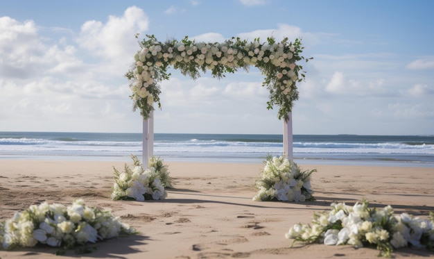 A wedding ceremony on the beach with white flowers