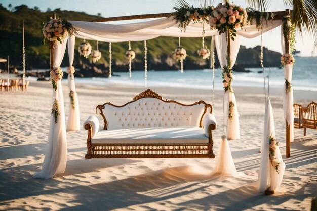 Photo a wedding ceremony on a beach with a white and gold bed