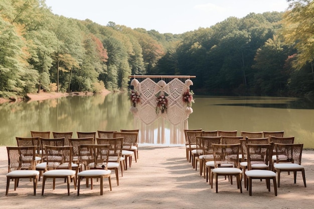 Photo wedding ceremony chairs with macrame backdrops