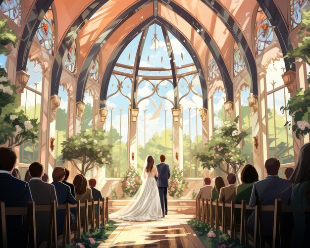 Wedding ceremony in chapel background flat design top view romantic