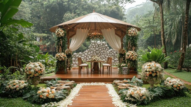 Photo wedding ceremony decorated with flowers in tropical garden