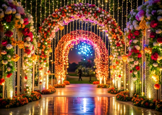 Wedding ceremony gate design with flowers and fabric