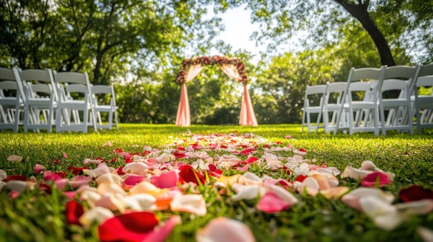 Photo wedding ceremony setup with rose petals