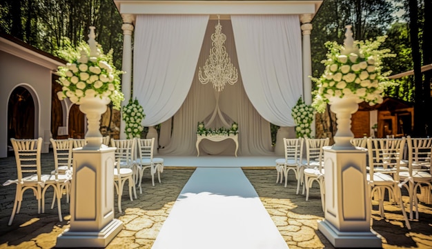 Wedding ceremony setup with white chairs and chandelier in the background Generative AI