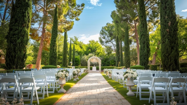 Photo wedding ceremony setup with white chairs and flower arrangements in a garden