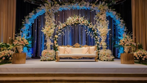 Wedding Ceremony With Flowers And A Large Head Table Wedding Stage Background