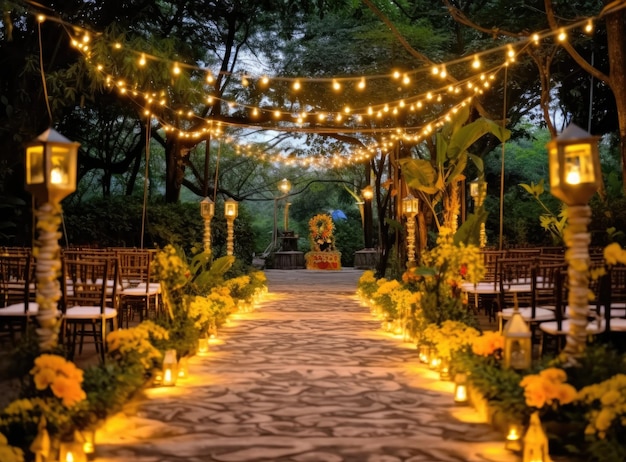 Wedding ceremony with flowers outside in the garden with pendant lights