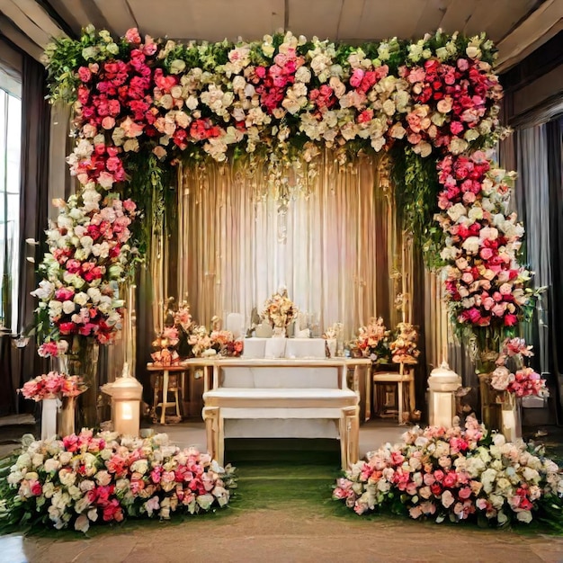 a wedding ceremony with flowers and a statue in the center