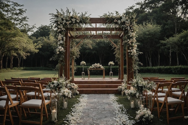 a wedding ceremony with flowers on the top and a bench on the right