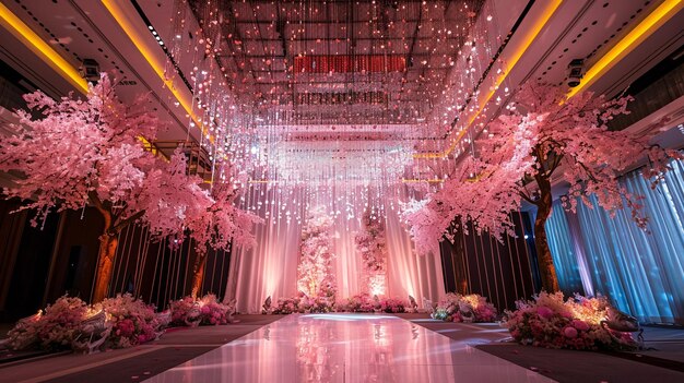 Photo a wedding ceremony with lights and flowers on the ceiling