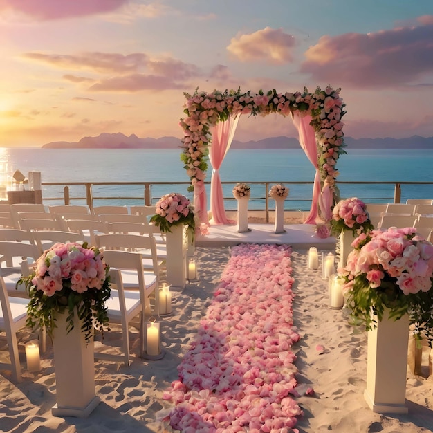 a wedding ceremony with pink roses on the table and chairs