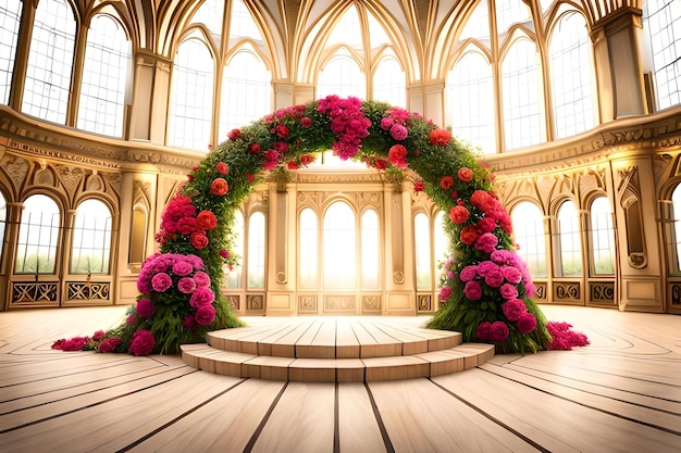 A wedding ceremony with roses on the top.