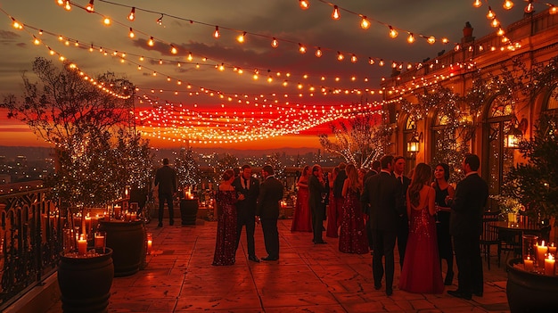 a wedding ceremony with a string of lights around it