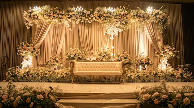 a wedding ceremony with a white bench and flowers