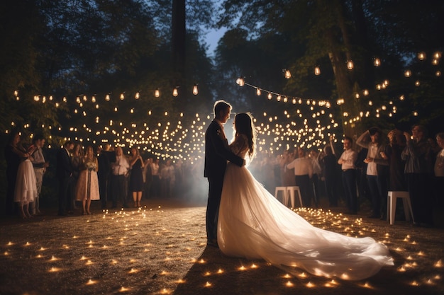 Wedding couple on the background of the night forest with lights A dreamy night wedding beneath a sky full of stars AI Generated