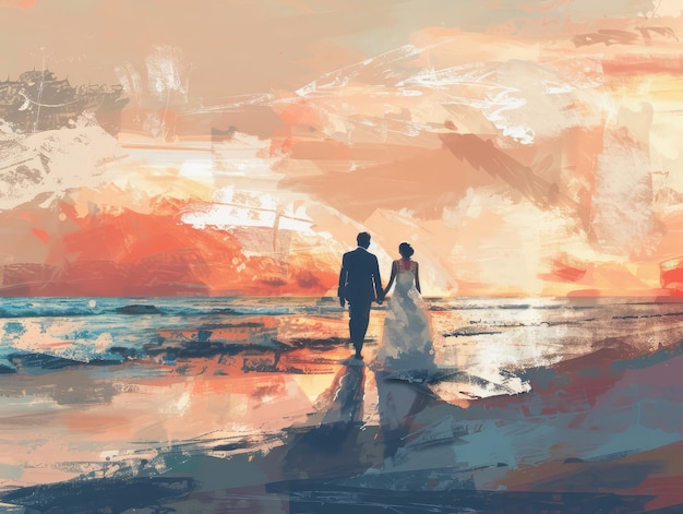 a wedding couple on the beach by person