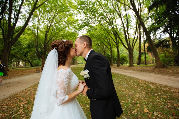 Wedding couple. Beautiful bride and groom. Just married. Close up. Happy bride and groom on their wedding hugging. Groom and Bride in a park. wedding dress. Bridal wedding, autumn