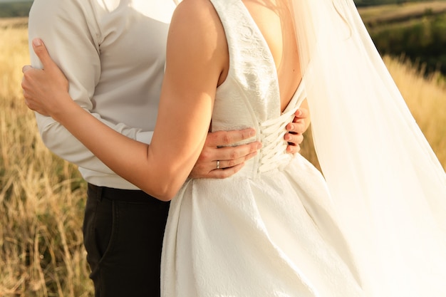 Wedding couple, bride and groom holding hands, beautiful wedding day