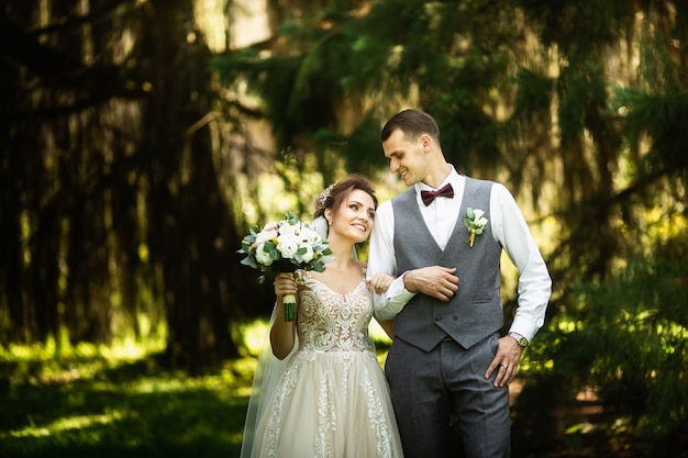 A wedding couple enjoys walking in the woods. Newlyweds hug and hold hands