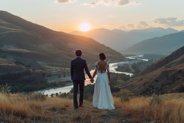 Wedding Couple Holding Hands in Mountains at Sunset