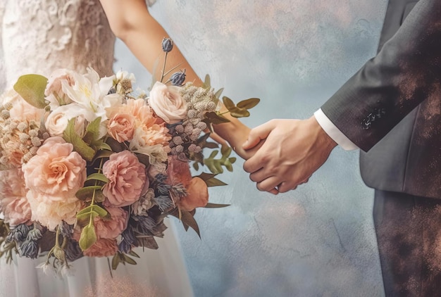 Wedding couple holding hands above wedding bouquet