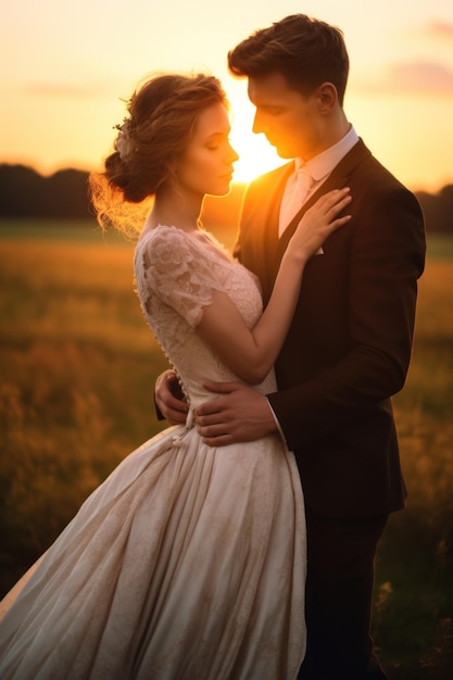 Wedding couple hugging on a sunset meadow background