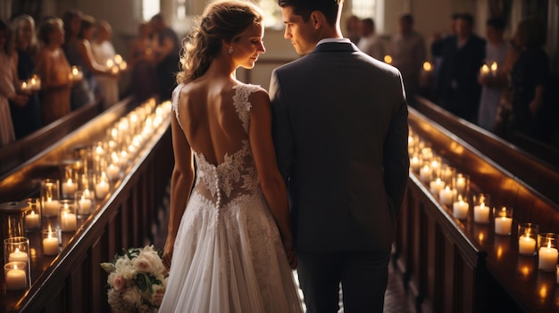 Wedding Couple in Love Back View walking down Aisle Church Newly Wedded Bride Groom in Window Door Light Wedding Day Ceremony